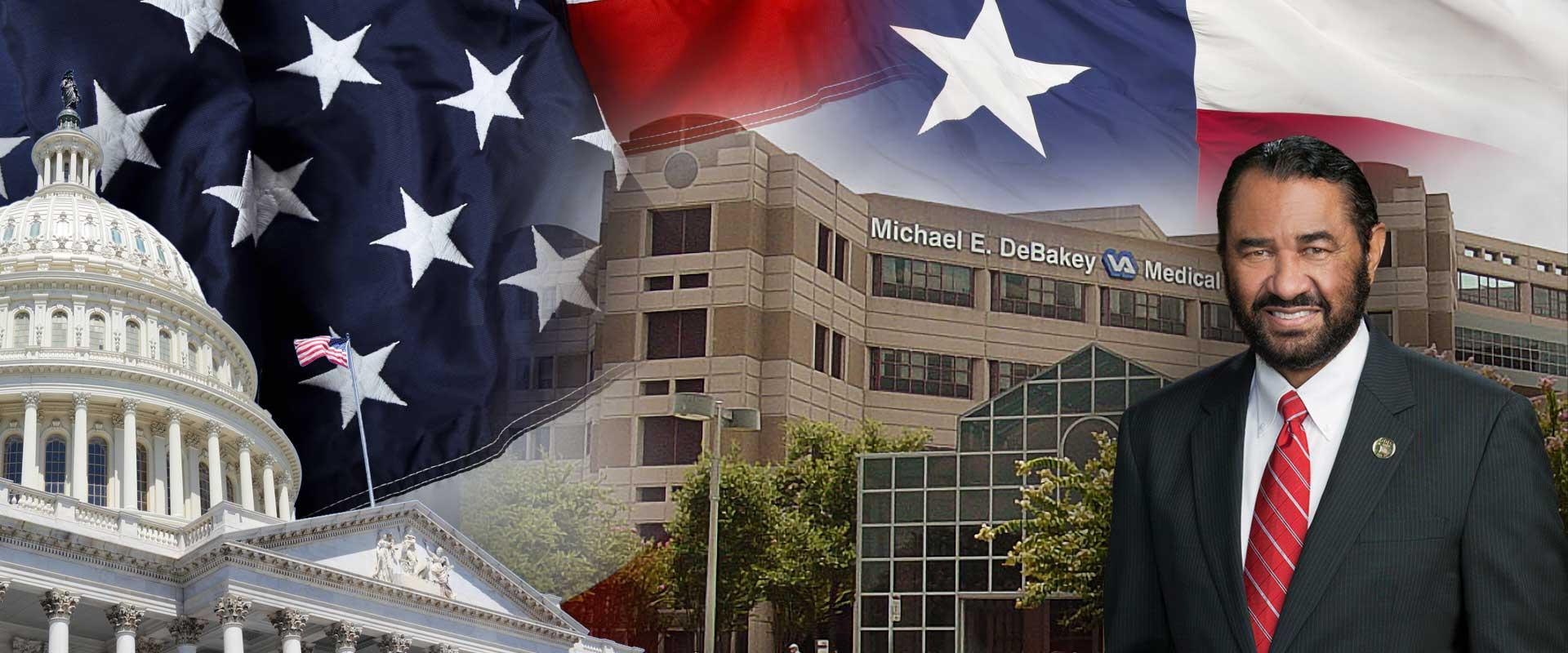 Collage of the U.S. Capitol, U.S. flag, Texas flag and DeBakey Medical Center