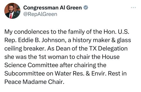 Congressman Al Green Tweets on the Passing of Former Congresswoman Eddie Bernice Johnson